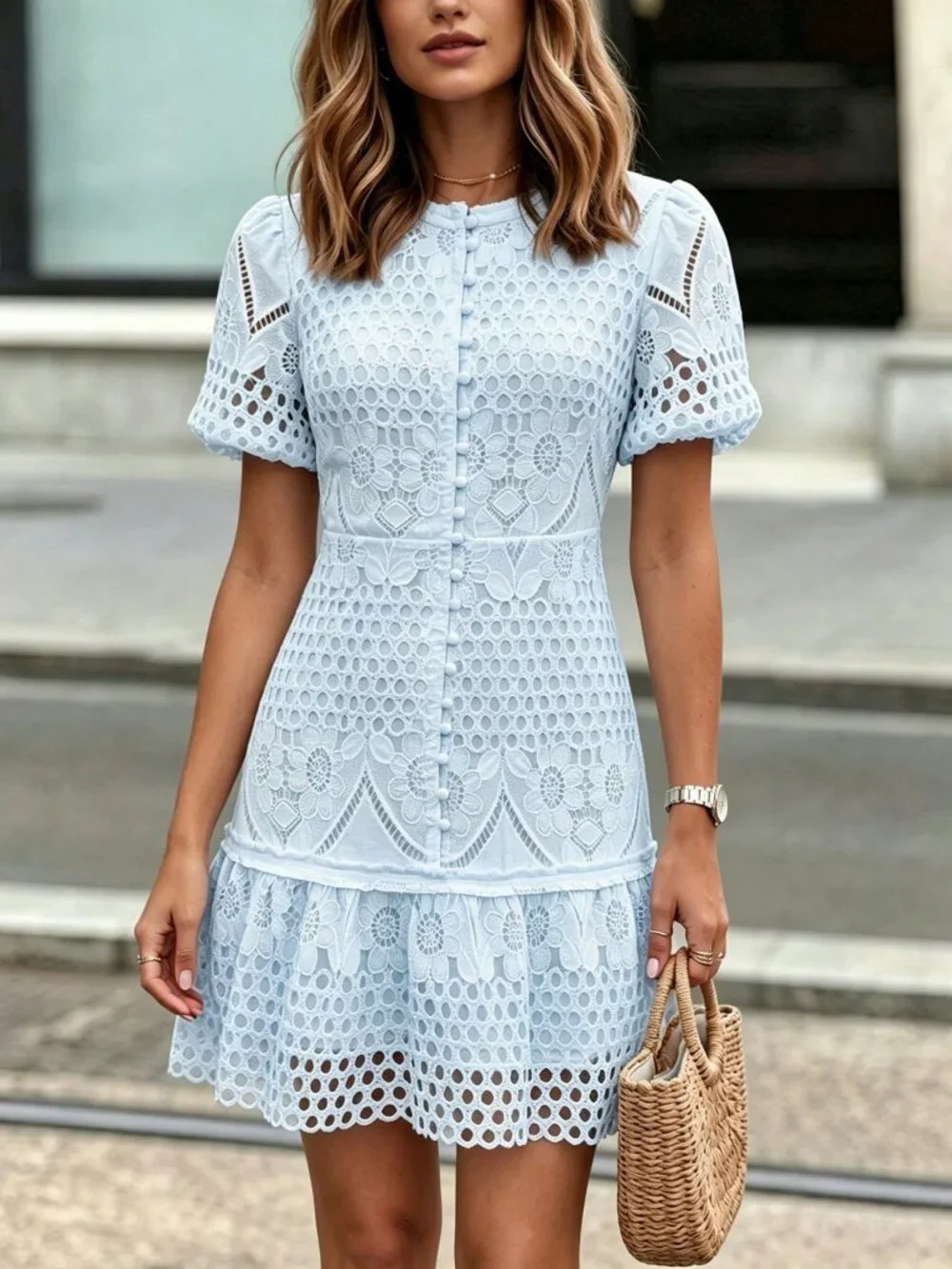 Baby Blue Elegant Women's Hollow-Out Floral Puff Sleeve Mini Dress Ruffle Hem - Picture 8 of 8